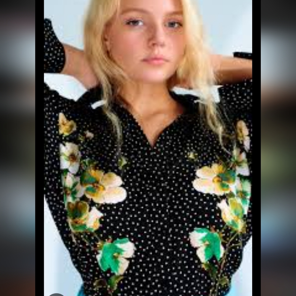 Zara Black Polka Dot Floral Blouse Long Sleeve Button Up Shirt Women's M
